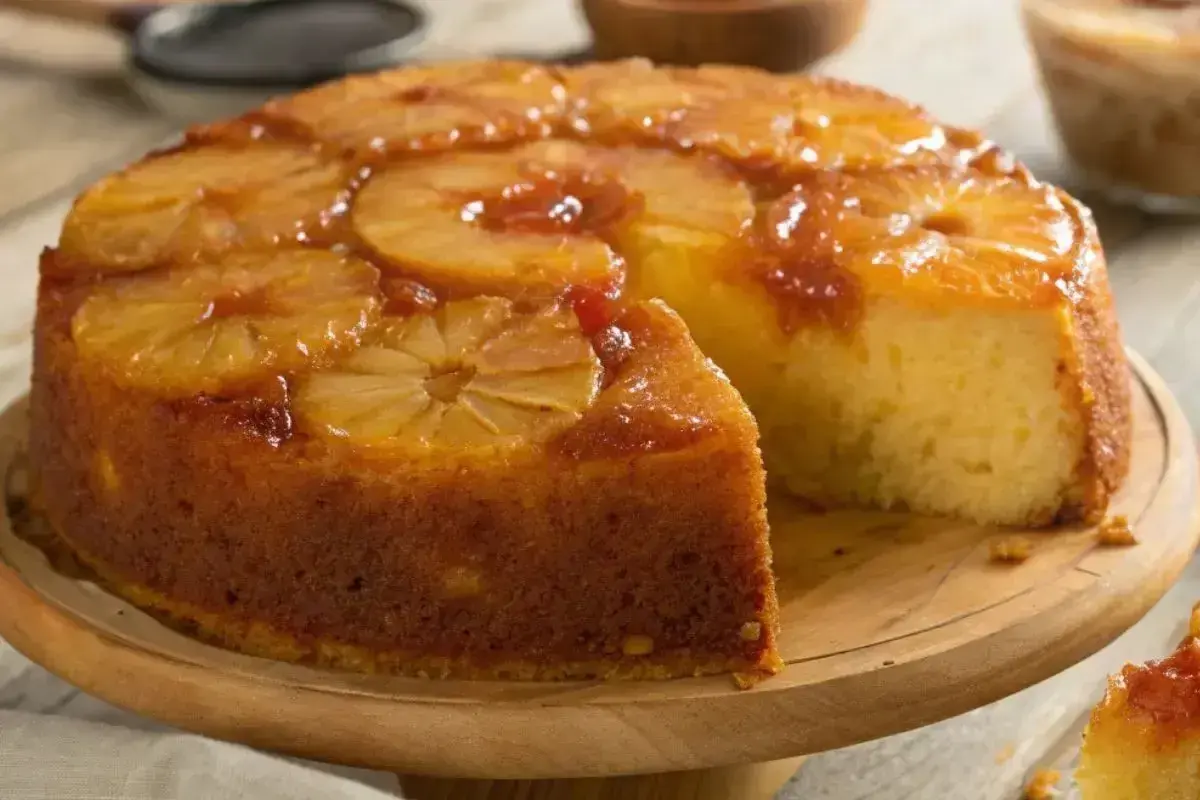 Un délicieux gâteau à l'ananas, renversé et caramélisé, avec une tranche coupée pour révéler sa texture moelleuse.