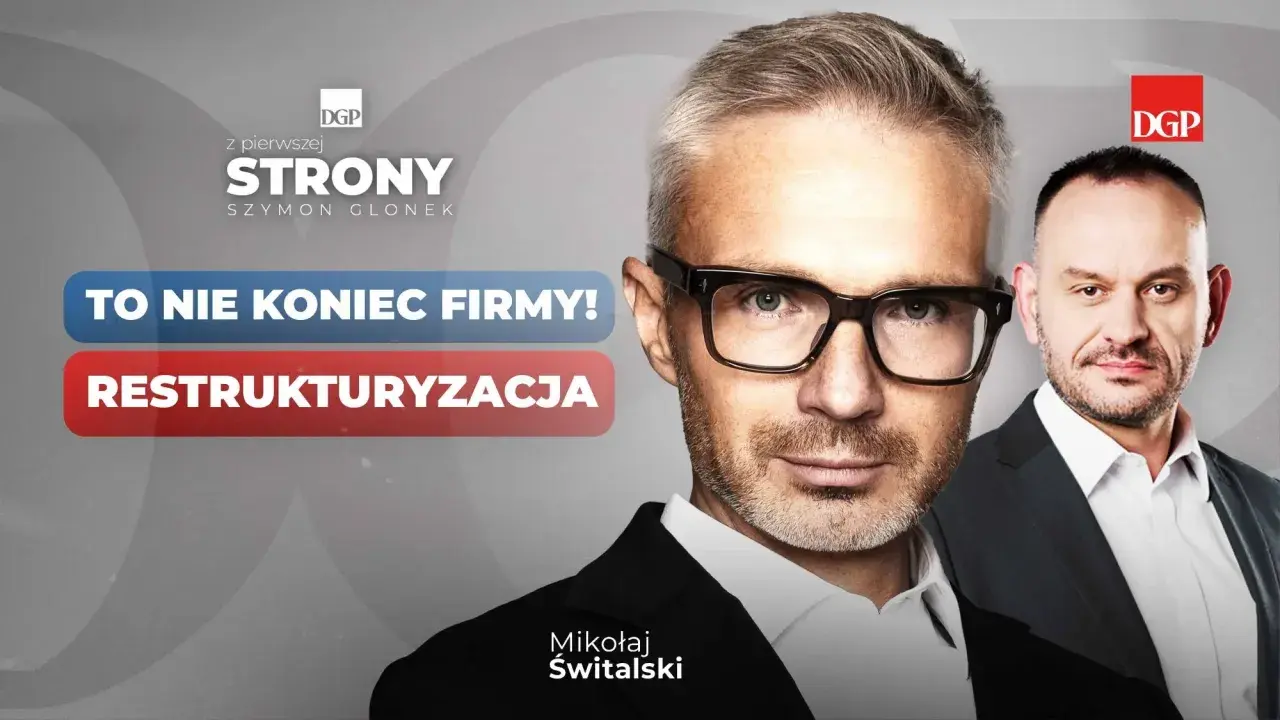 Dwóch mężczyzn, jeden w okularach, z napisem "Restrukturyzacja co to". To nie koniec firmy, to szansa na nowy początek.