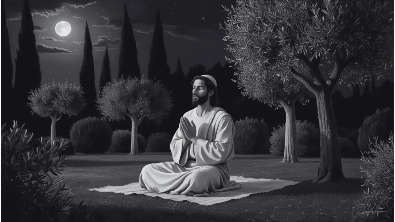 Jesus betet im Mondlicht, um ewiges Leben zu erlangen, wie in Johannes 17:3 beschrieben.