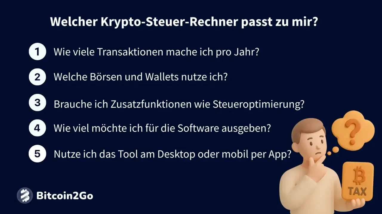 Fragen zur Auswahl der richtigen Krypto-Steuer-App: Transaktionen, Börsen, Wallets, Zusatzfunktionen, Kosten und Nutzung per App oder Desktop.