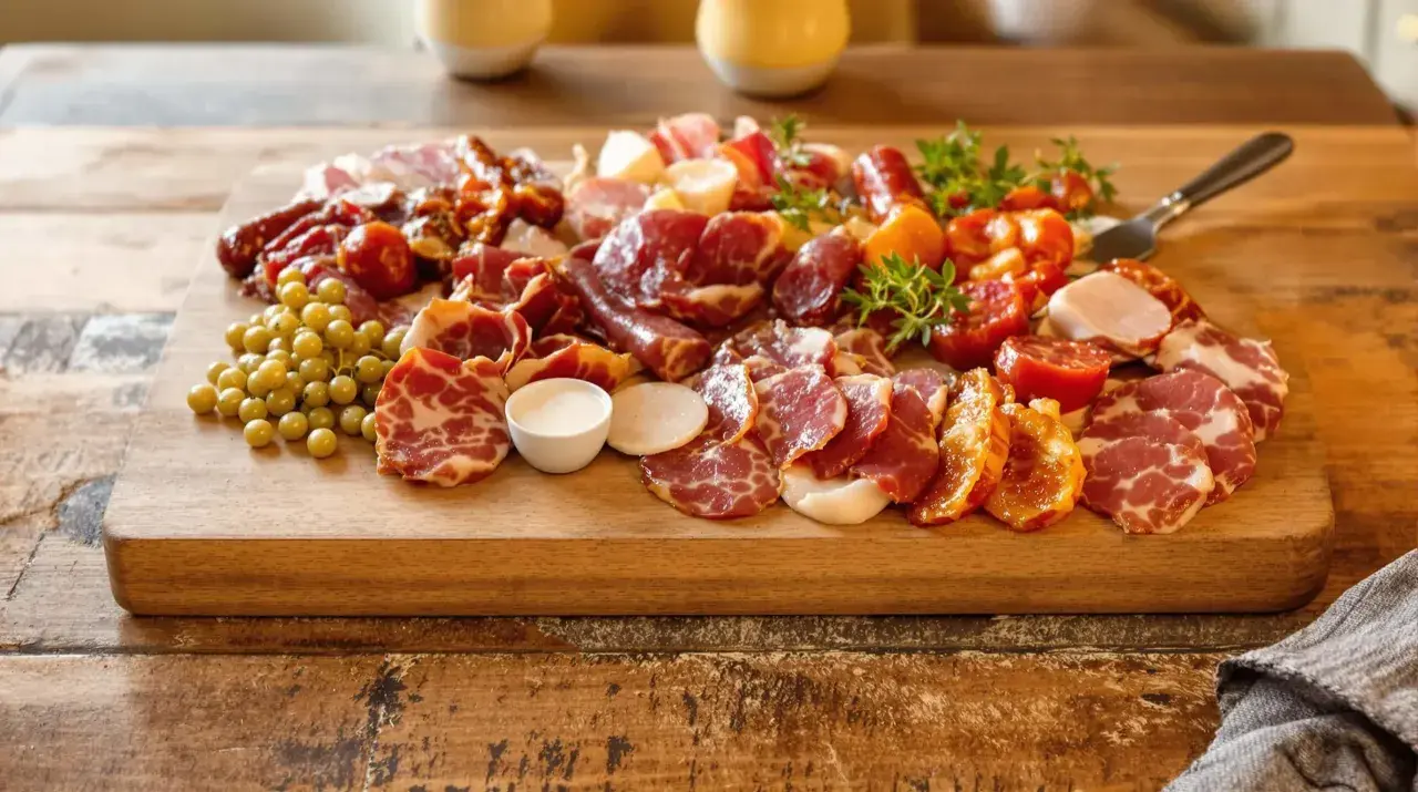 Plateau de charcuterie variée pour une raclette originale, avec différentes viandes, raisins et tomates cerises.