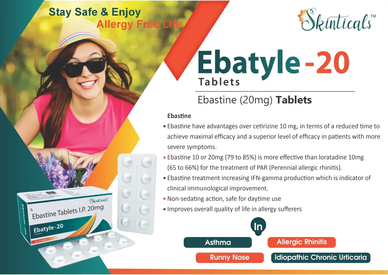 Uśmiechnięta kobieta cieszy się życiem bez alergii, obok opakowanie leku Ebatyle-20 (Ebastine 20mg) na alergiczny nieżyt nosa.
