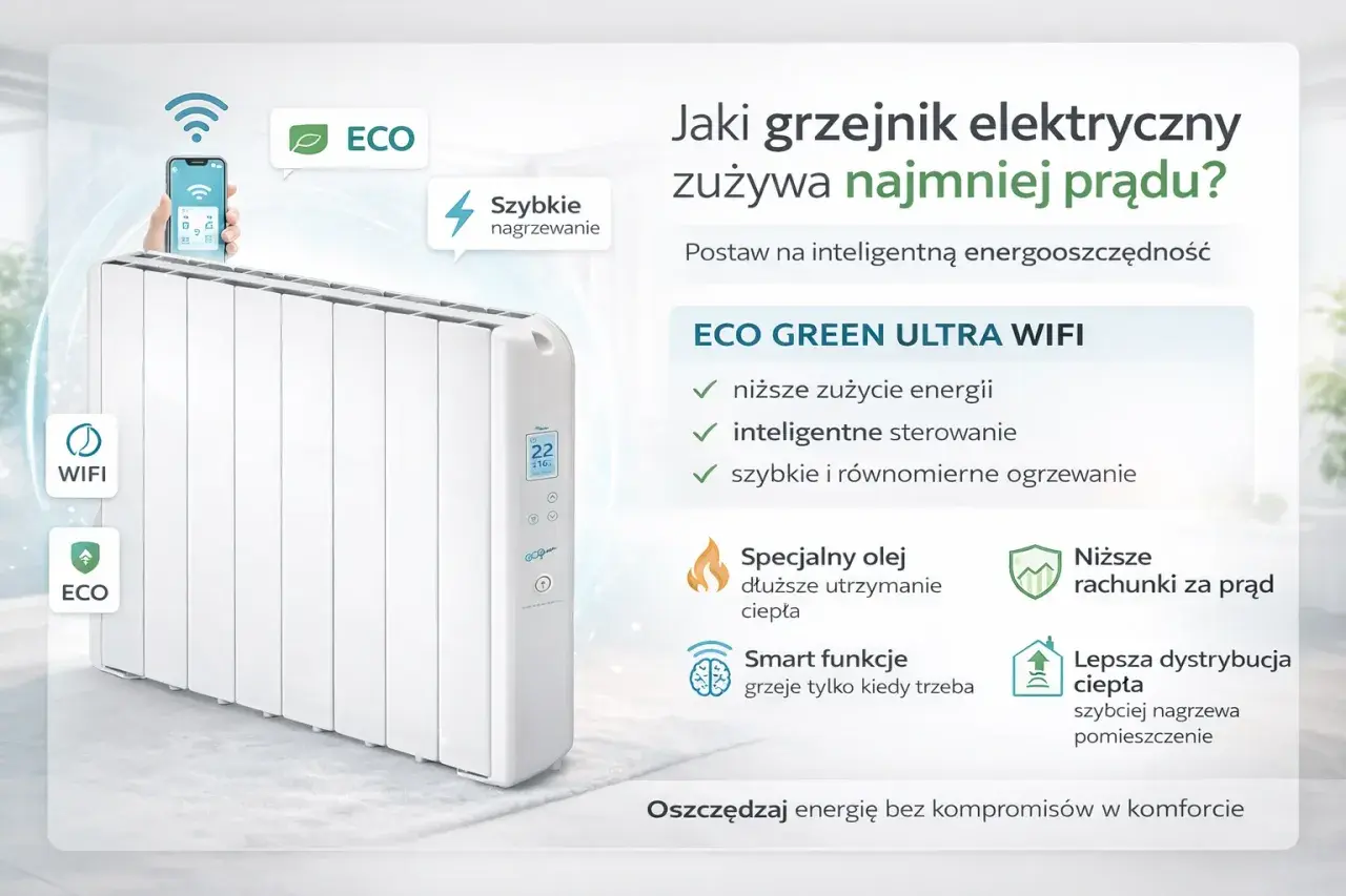 Biały grzejnik elektryczny z ikonami WiFi, ECO i szybkim nagrzewaniem.