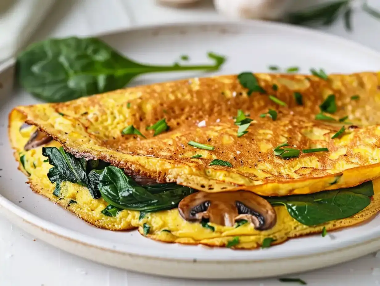 En gyllene omelett fylld med spenat och champinjoner, perfekt för ett snabbt omelett recept.