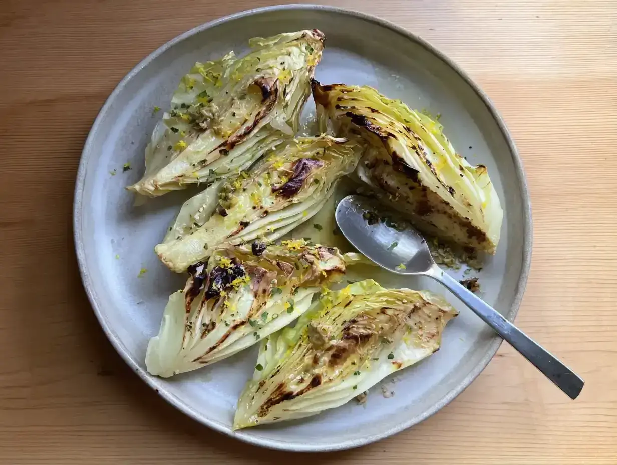 Grillad spetskål med citron och örter på en ljusgrå tallrik. En sked ligger på tallriken.
