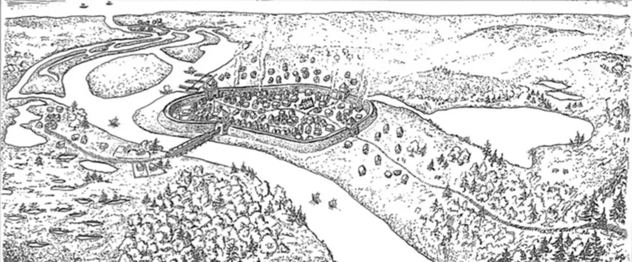 Wczesnośredniowieczny gród, dawny bastion w Kołobrzegu, otoczony wałami, z mostem i rzeką.