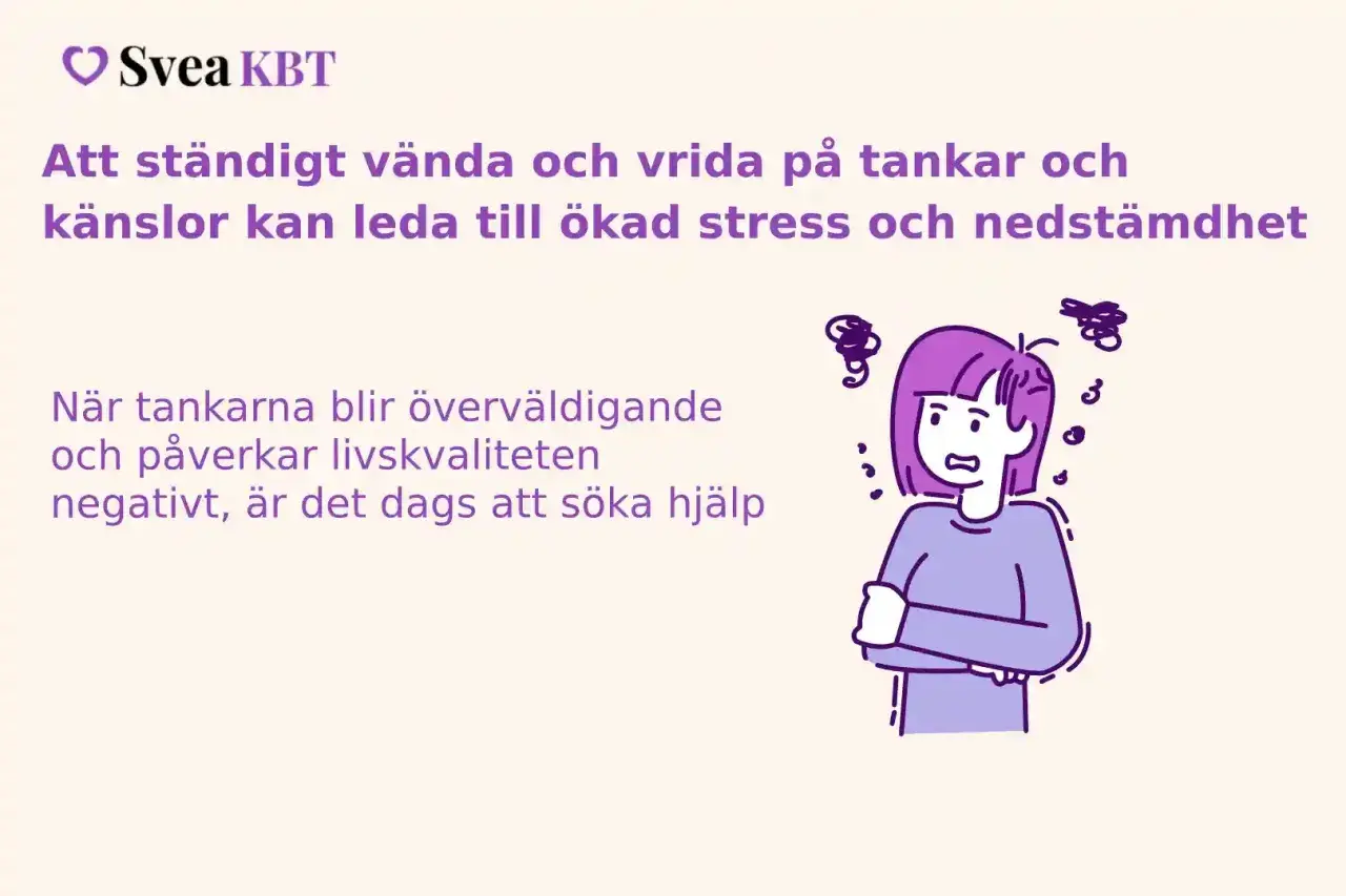 En illustration av en person med armarna i kors och oroliga tankar som virvlar runt huvudet. Texten beskriver hur man kan bryta tvångstankar och söka hjälp.