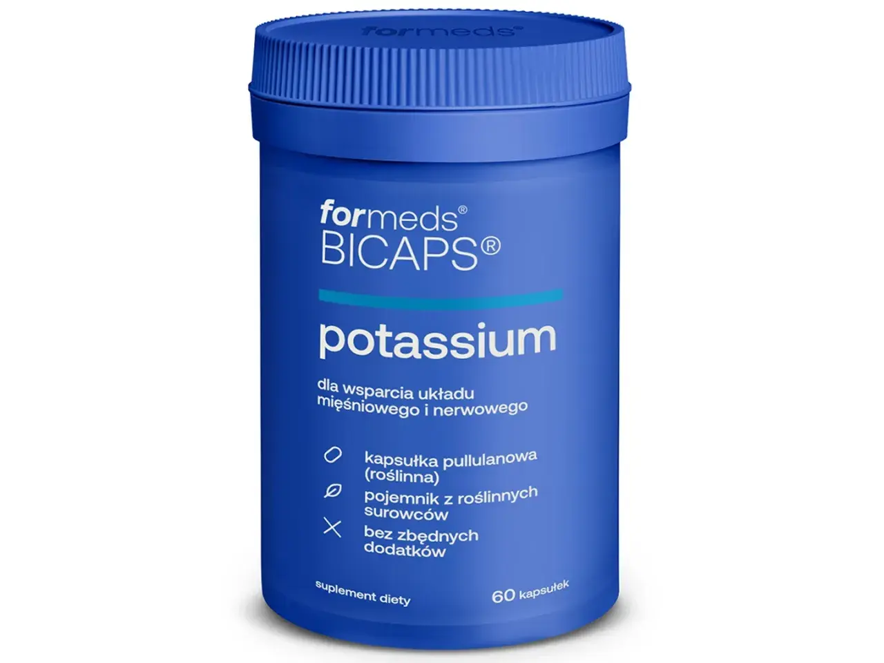 Niebieski suplement diety Formeds BICAPS Potassium. Potas na co pomaga? Wspiera układ mięśniowy i nerwowy. 60 kapsułek.