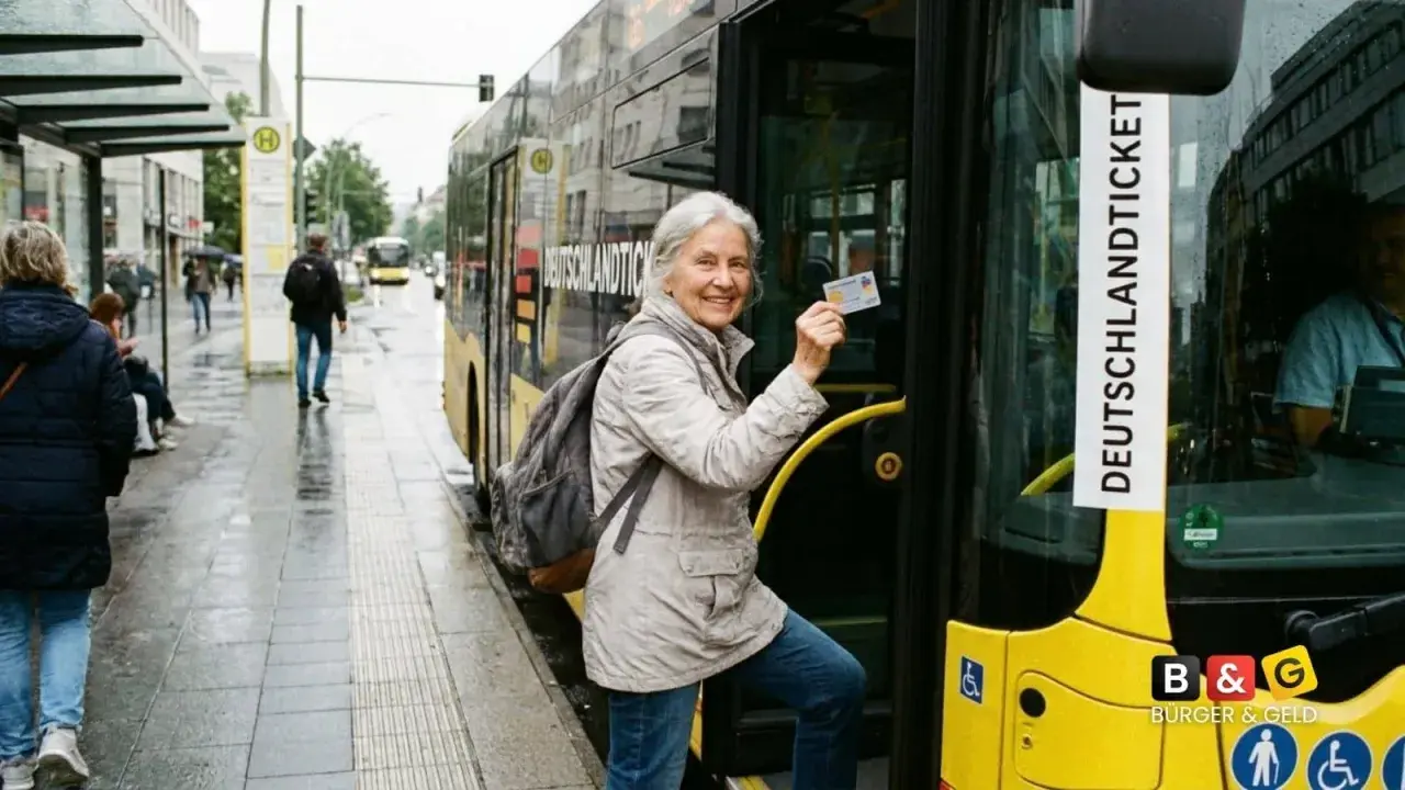 Ältere Frau zeigt ihr Deutschlandticket, das auch für Schwerbehinderung gilt. Sie steigt in einen gelben Bus.