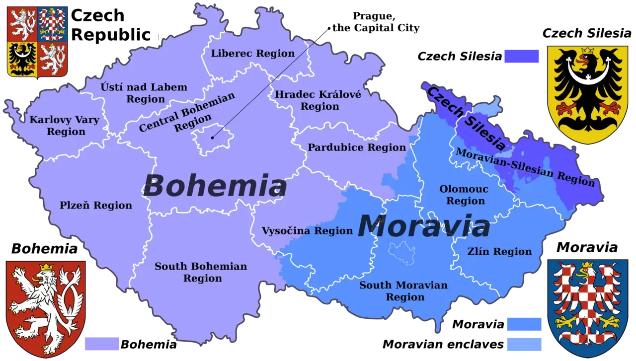 Mapa Czech z podziałem na regiony. Widoczne są Morawy, Czechy właściwe i Śląsk Czeski.
