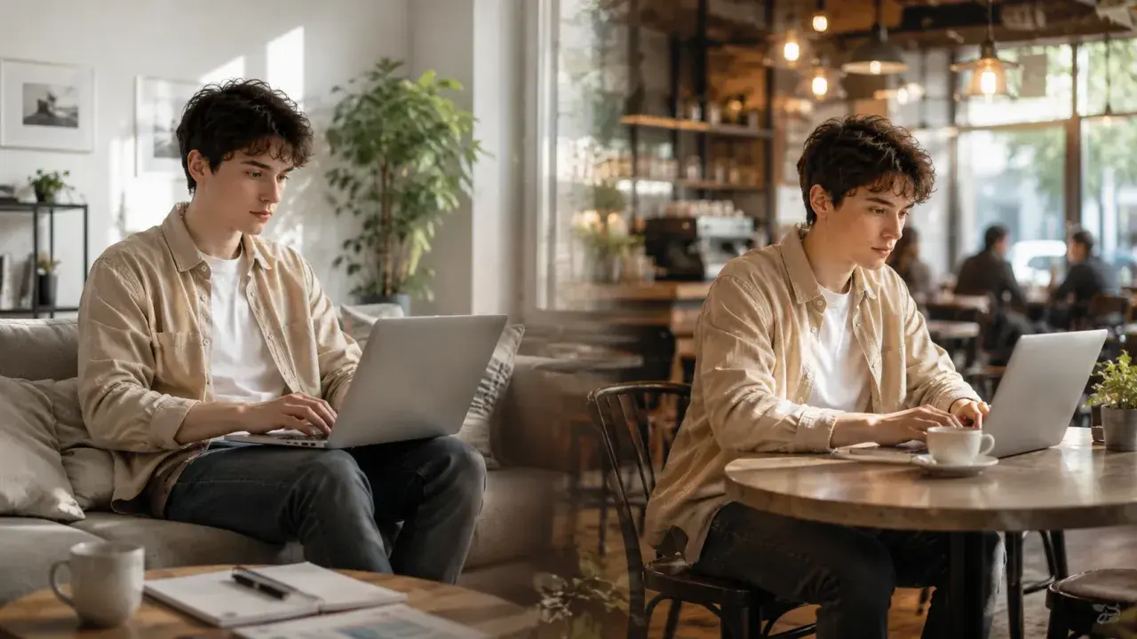Junger Mann arbeitet am Laptop, einmal zu Hause, einmal im Café. Viele Möglichkeiten für 100 Home Office Jobs.