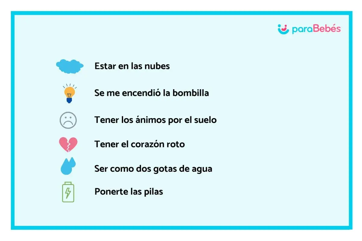 Ejemplos de metáforas para niños: estar en las nubes, bombilla encendida, ánimos por el suelo, corazón roto, dos gotas de agua, ponerte las pilas.