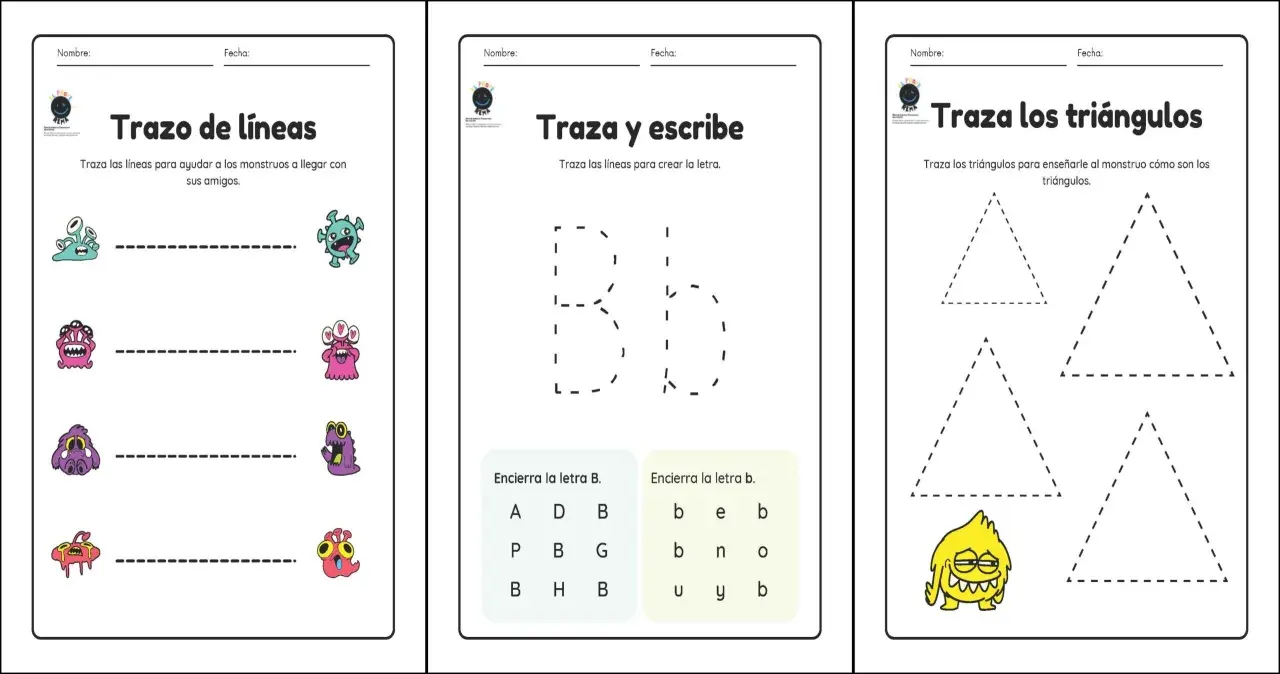 Hojas de trazos para niños con monstruos: trazar líneas, letras y triángulos.