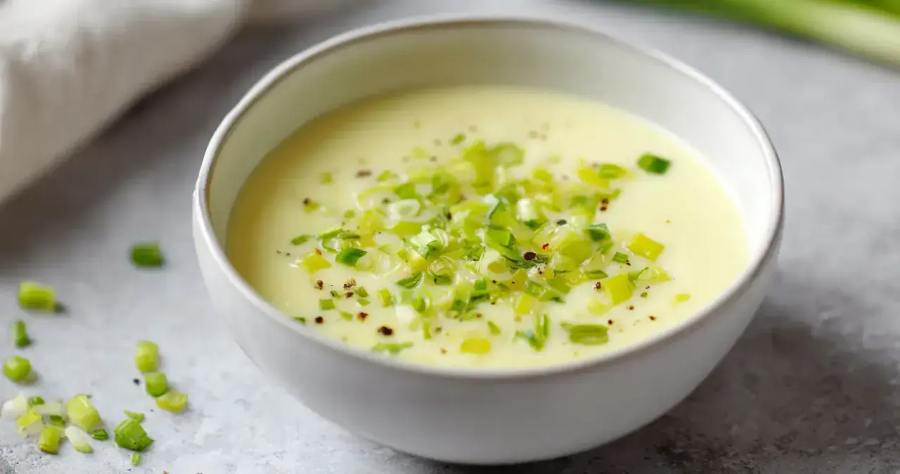 Un bol de fondue de poireaux crémeuse, garnie de poireaux frais hachés et de poivre noir.