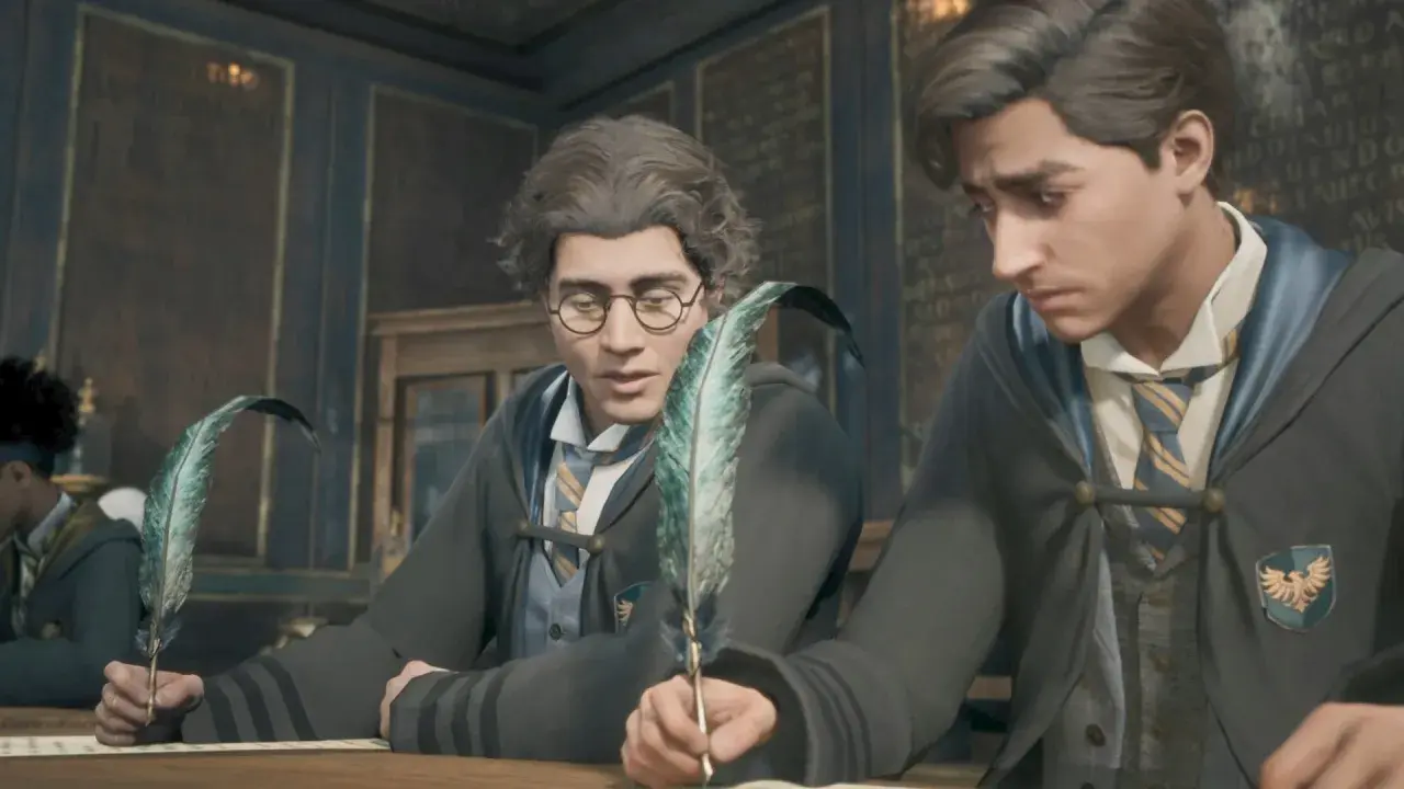 Uczniowie Hogwartu piszą piórami, jakby szukali wskazówek do skrzyni z okiem w Hogwarts Legacy.