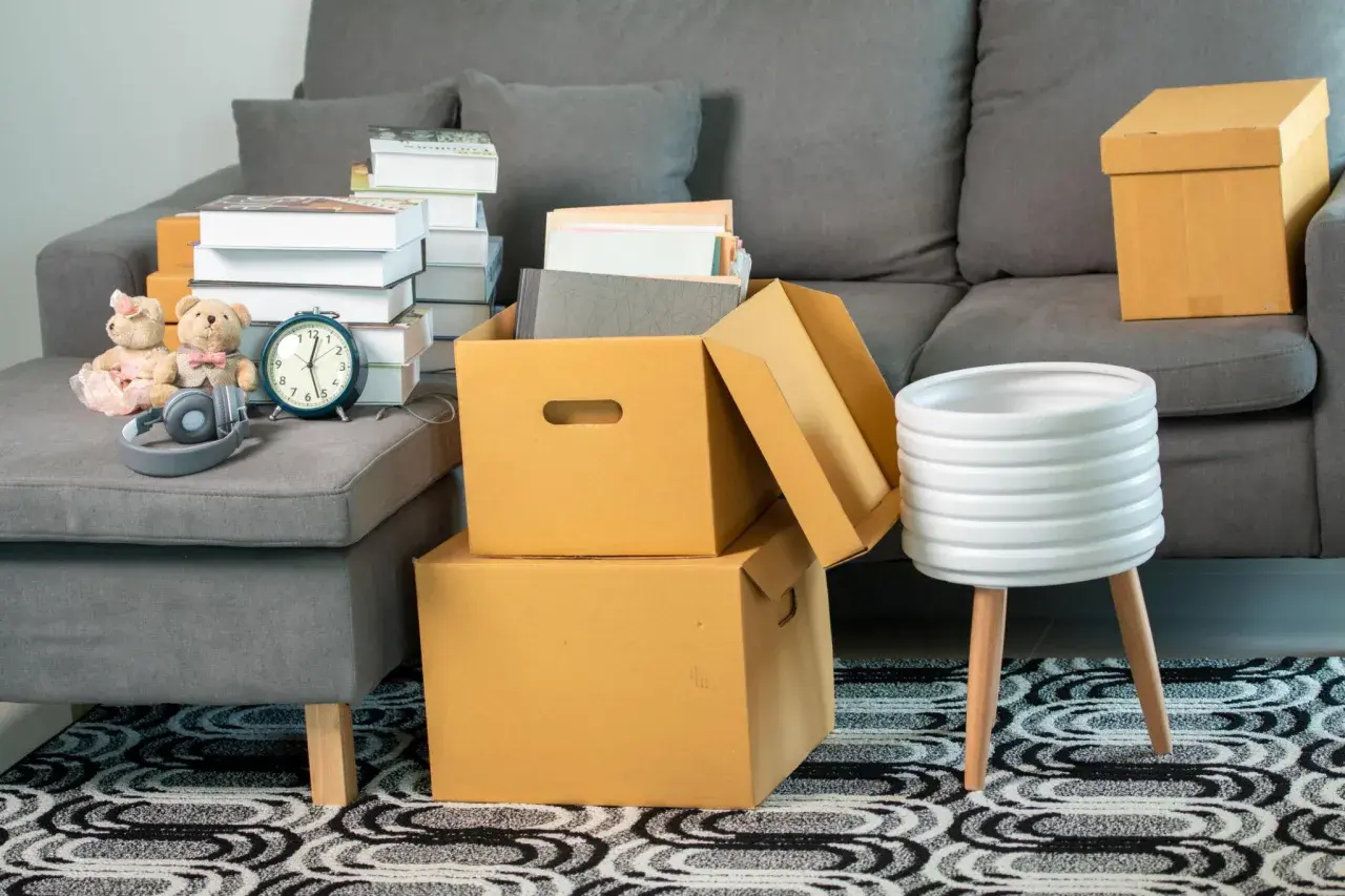 Umzugskartons, Bücher und Spielzeug auf einem Sofa. Ein privater Umzug steuerlich absetzen ohne Belege ist oft schwierig, aber diese Szene zeigt den Beginn des Packens.