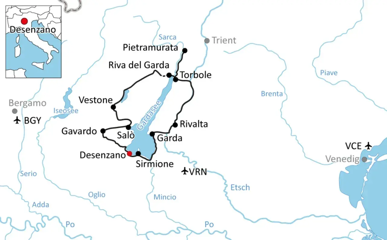 Karte zeigt eine Route um den Gardasee, mit Orten wie Desenzano, Salò, Riva del Garda und Torbole. Ein Radweg Gardasee ist eingezeichnet.