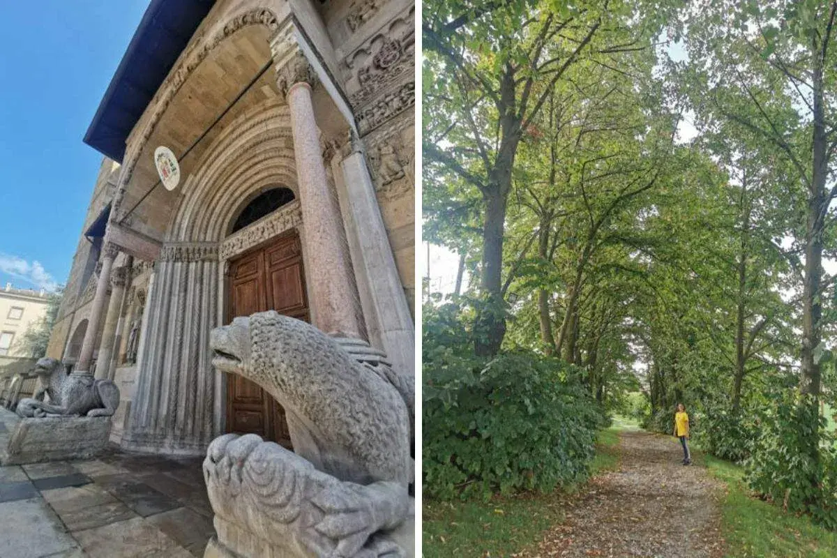 Fidenza cosa vedere: imponente Duomo con leoni stilofori e un sentiero alberato con una persona.