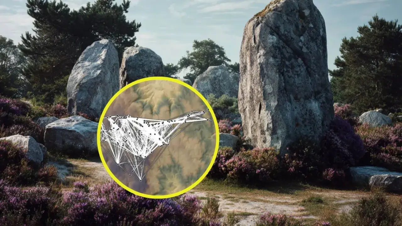 Gigantescos megalitos en España, rodeados de brezo morado, con un círculo amarillo que muestra una red de puntos y líneas sobre un paisaje topográfico.
