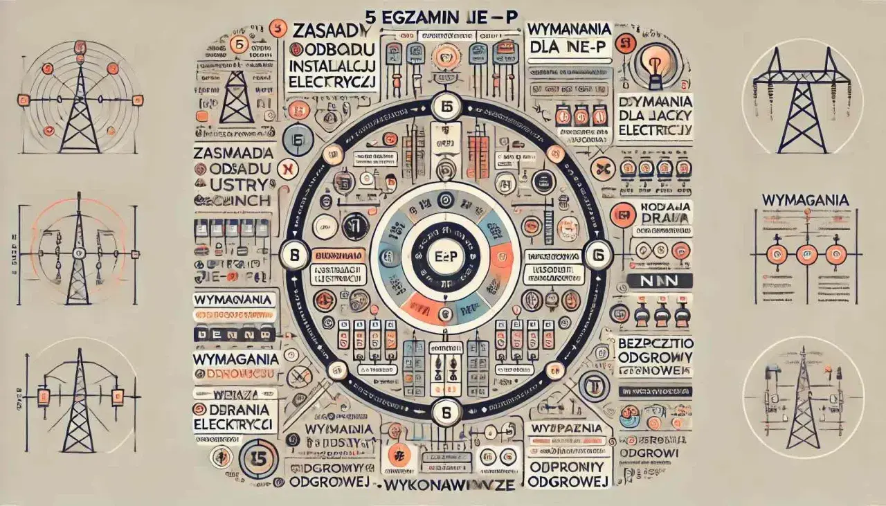 Schemat egzaminu na uprawnienia budowlane elektryczne. Diagram przedstawia zasady, wymagania i odpowiedzialność.