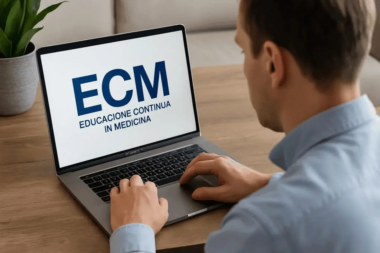 Uomo al computer, schermo mostra "ECM Educazione Continua in Medicina". Un esempio di come lo **stilema eventi fad** si integra nella formazione medica moderna.