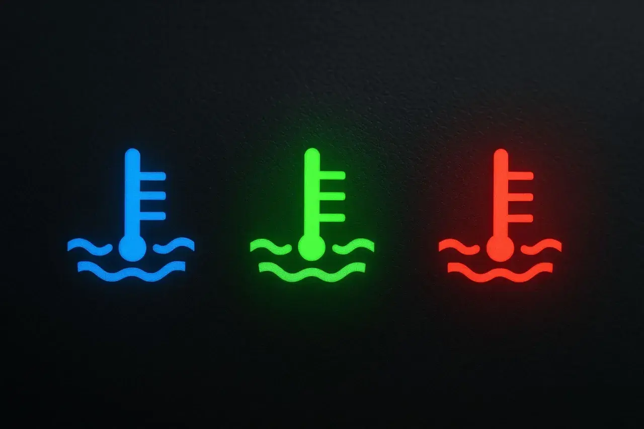Spie macchina acqua: termometro blu (freddo), verde (normale), rosso (surriscaldato).