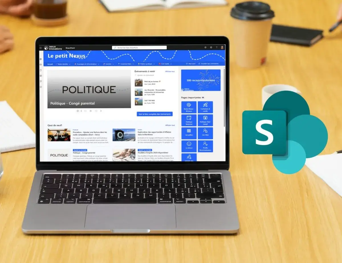 Un ordinateur portable affiche un intranet SharePoint, "Le petit Nexus", avec des articles sur la politique et des événements. Le logo de SharePoint est à côté.