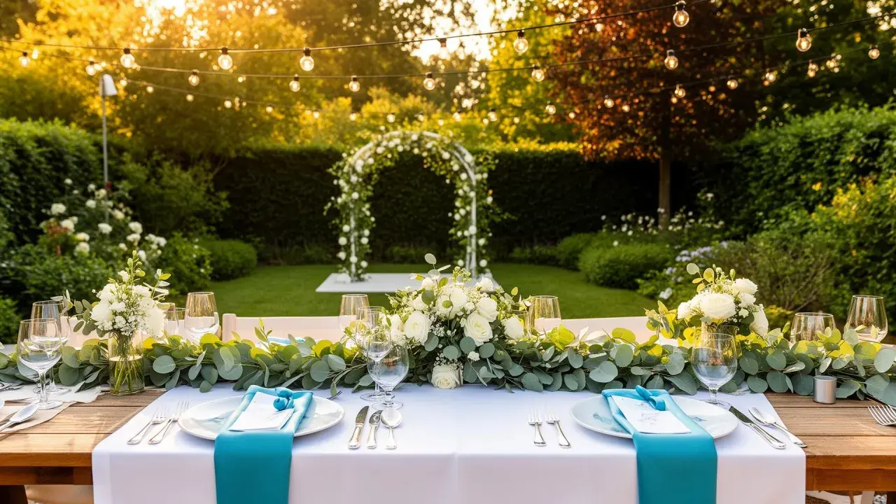 Festlich gedeckter Tisch im Garten mit Blumen und Lichterkette. Perfekte gartenhochzeit deko für eine romantische Feier unter freiem Himmel.