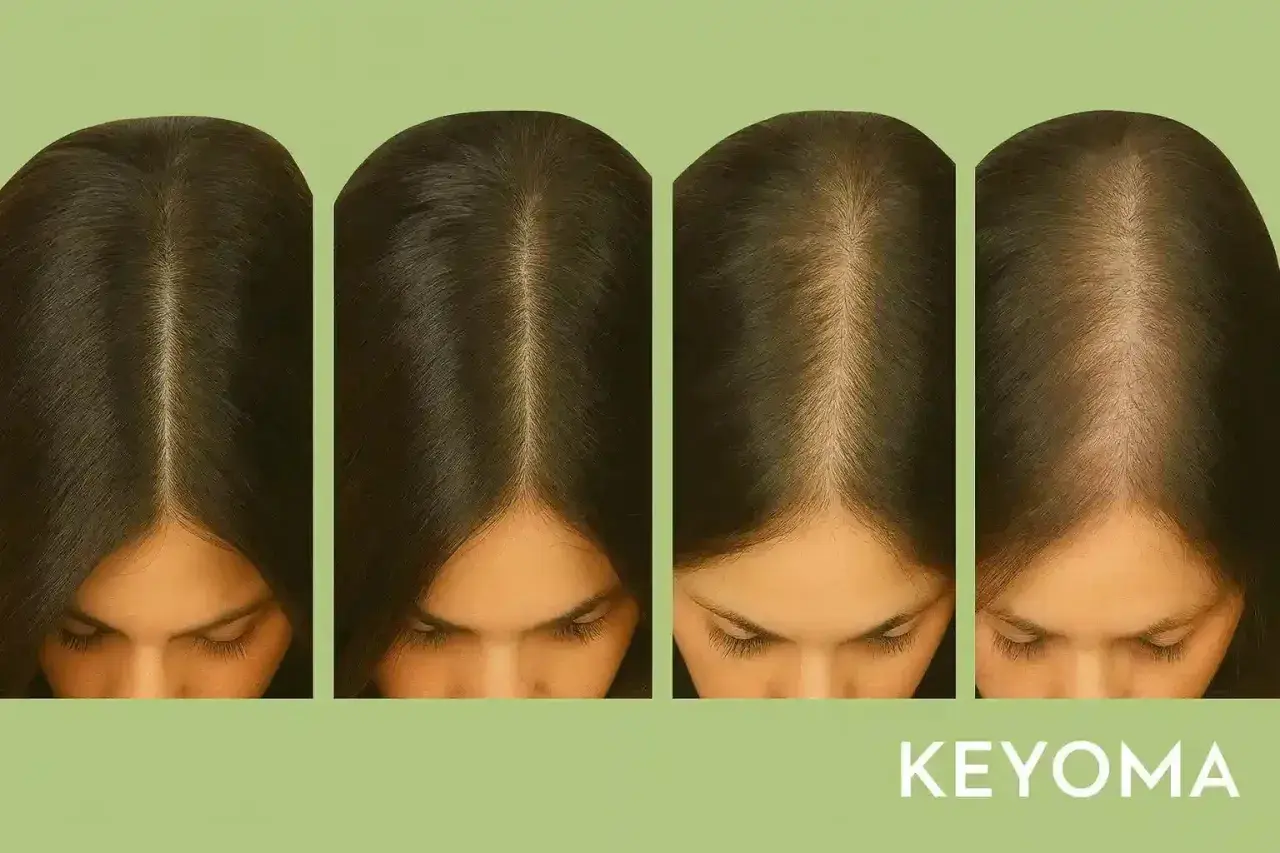 Cuatro imágenes muestran cómo crece el pelo, desde una línea capilar más densa hasta una más fina, ilustrando el proceso.