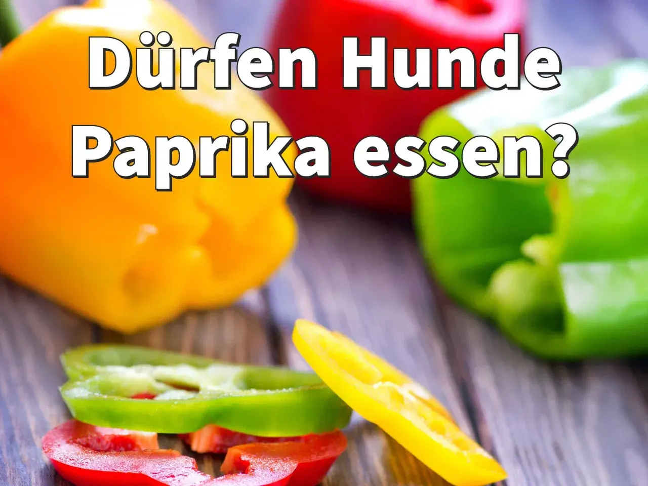 Bunte Paprika, rot, gelb und grün, liegen auf einem Holztisch. Die Frage "Dürfen Hunde Paprika essen?" ist groß geschrieben.