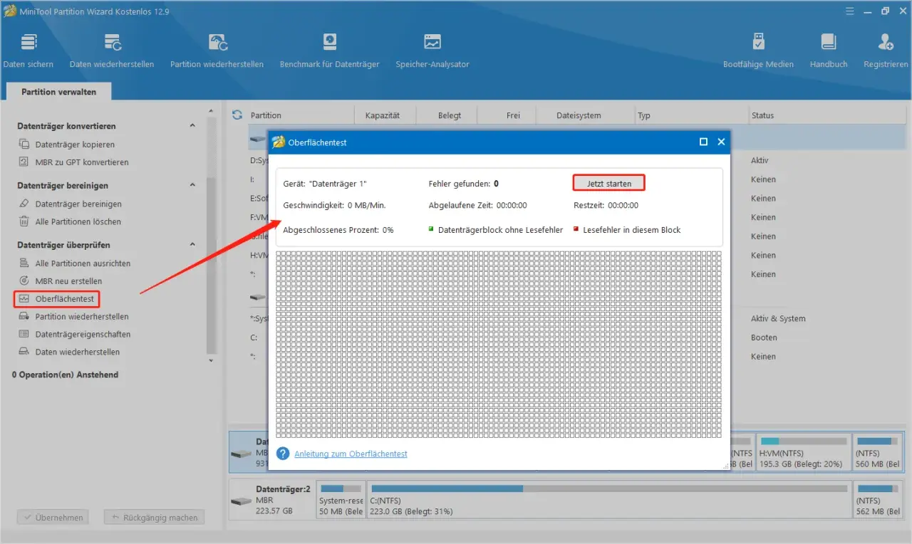 MiniTool Partition Wizard: Oberflächentest für Western Digital Festplatte starten, um Fehler zu finden und die Festplatte zu reparieren.