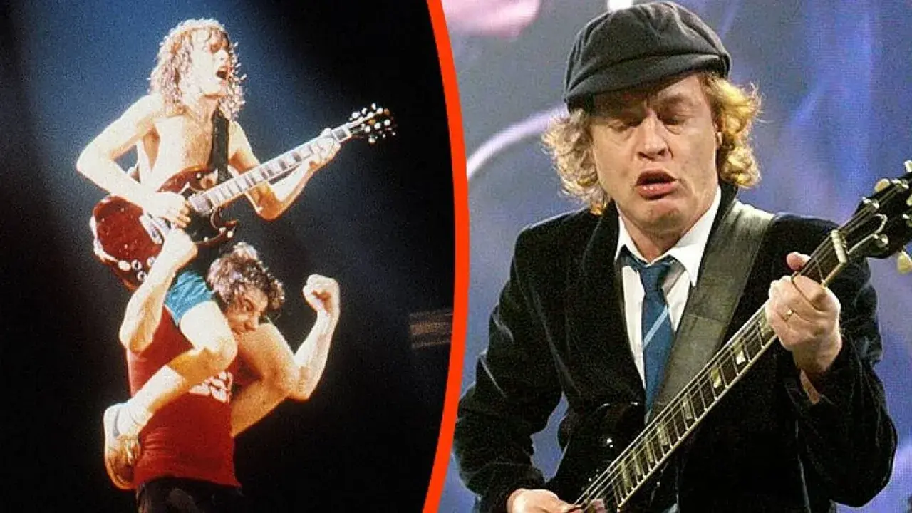 AC/DC na żywo: jeden z członków zespołu gra na gitarze, siedząc na ramionach drugiego. Obok, Angus Young w czapce i marynarce, grając na gitarze. To są ich największe przeboje.
