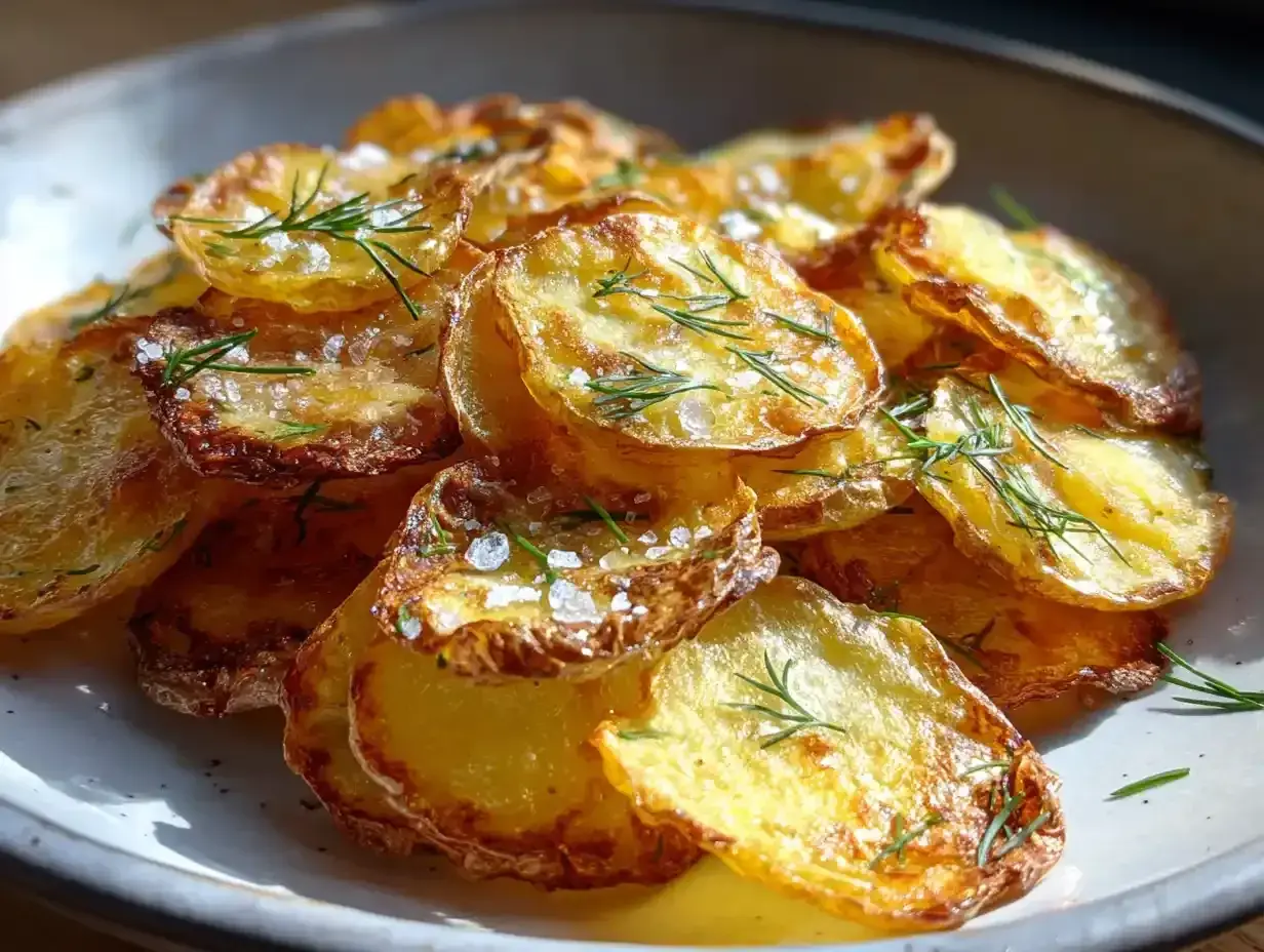 En hög med gyllene, råstekt potatis, toppad med färsk dill och flingsalt. Perfekt som tillbehör.