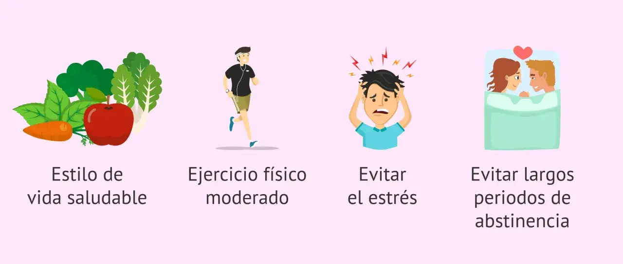 Consejos para la fertilidad hombre: vida sana, ejercicio, evitar estrés y abstinencia.