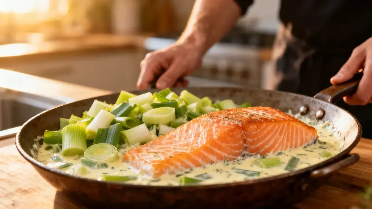 Un pavé de saumon cuit dans une sauce crémeuse avec des poireaux coupés. Une recette fondue de poireaux simple et savoureuse.