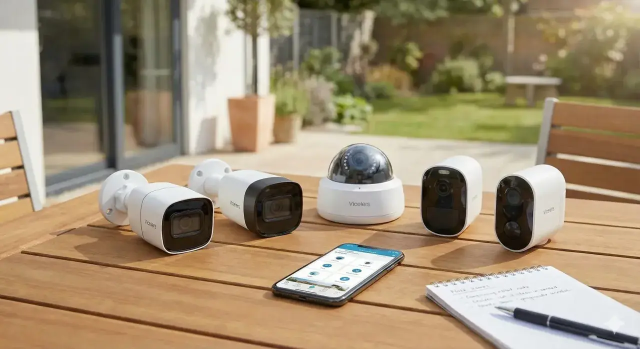 Ensemble de caméras de vidéosurveillance intelligente Vicelers sur une table en bois, avec un smartphone affichant l'application de contrôle.