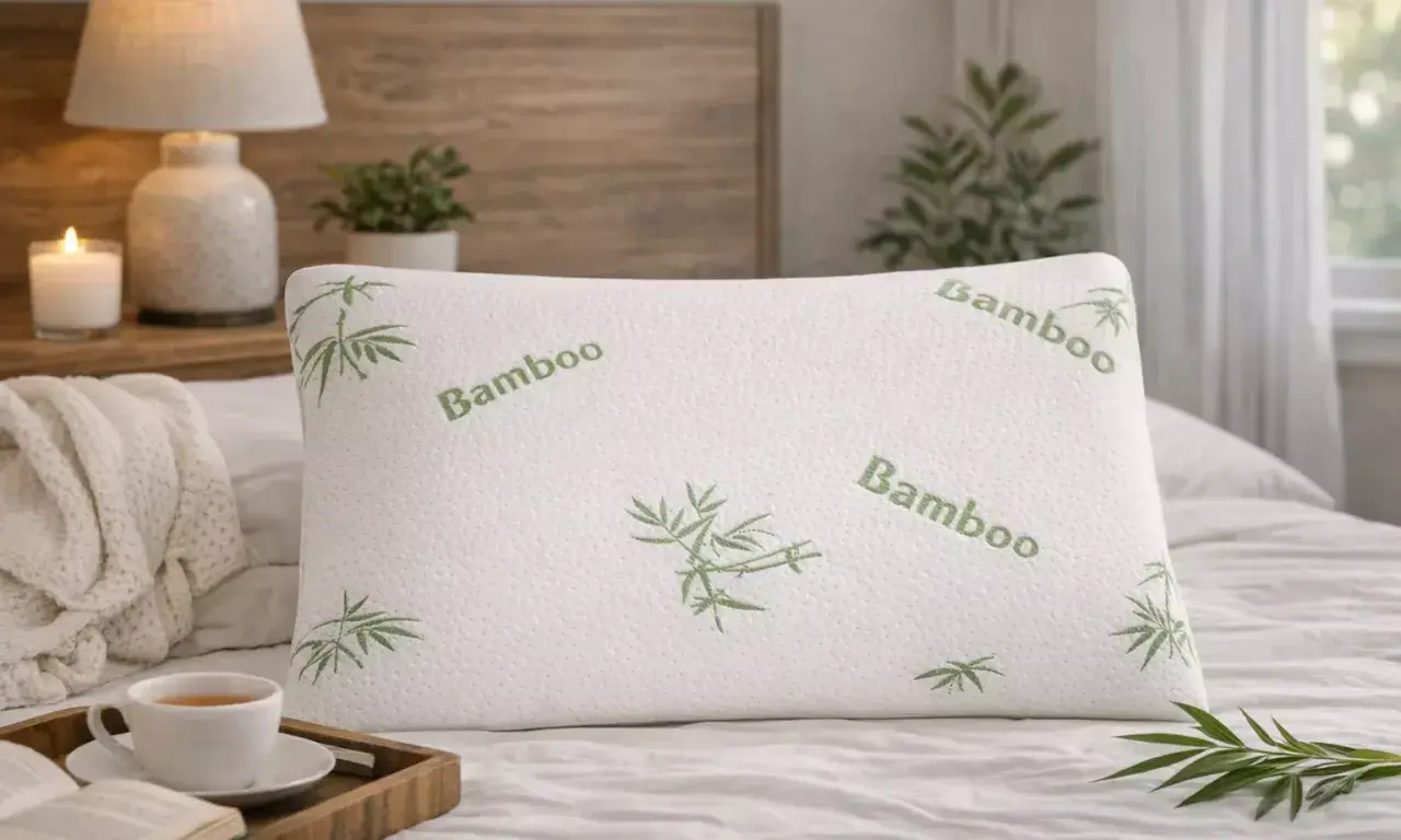 A white pillow with "Bamboo" embroidered in green, featuring a subtle bamboo leaf design. Imagine the fresh, clean bamboo pillows smell as you rest.