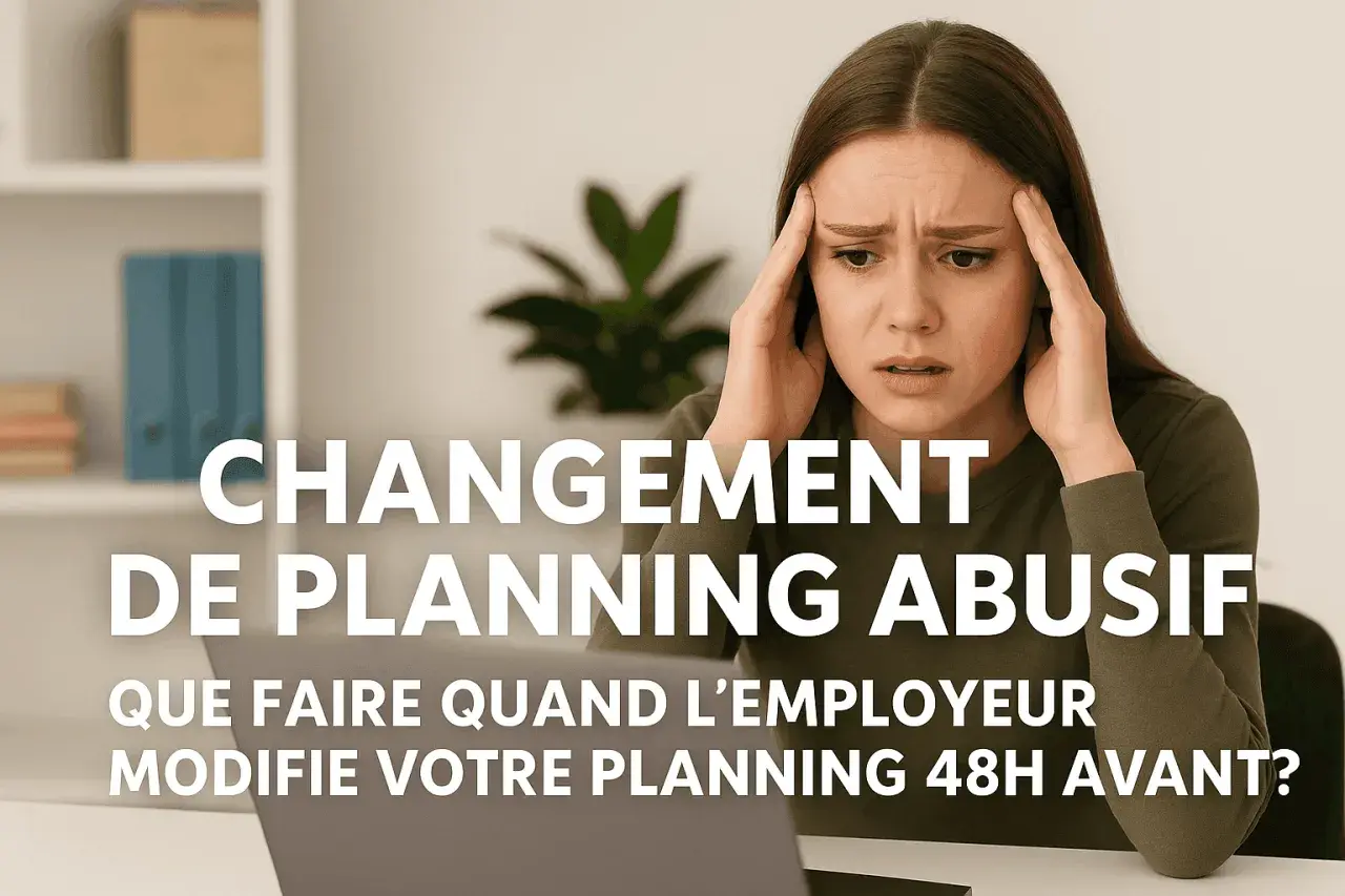 Femme stressée par un changement de planning abusif. Elle se tient les tempes, face à un ordinateur. Le texte indique "Changement de planning abusif".