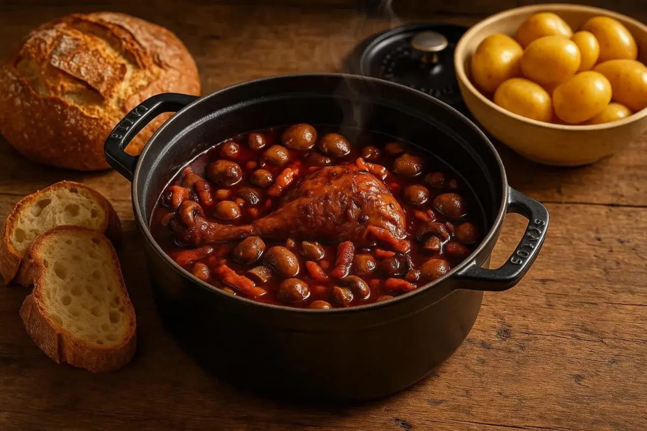 Un plat fumant de coq au vin, avec des champignons et des carottes, servi avec du pain croustillant et des pommes de terre.