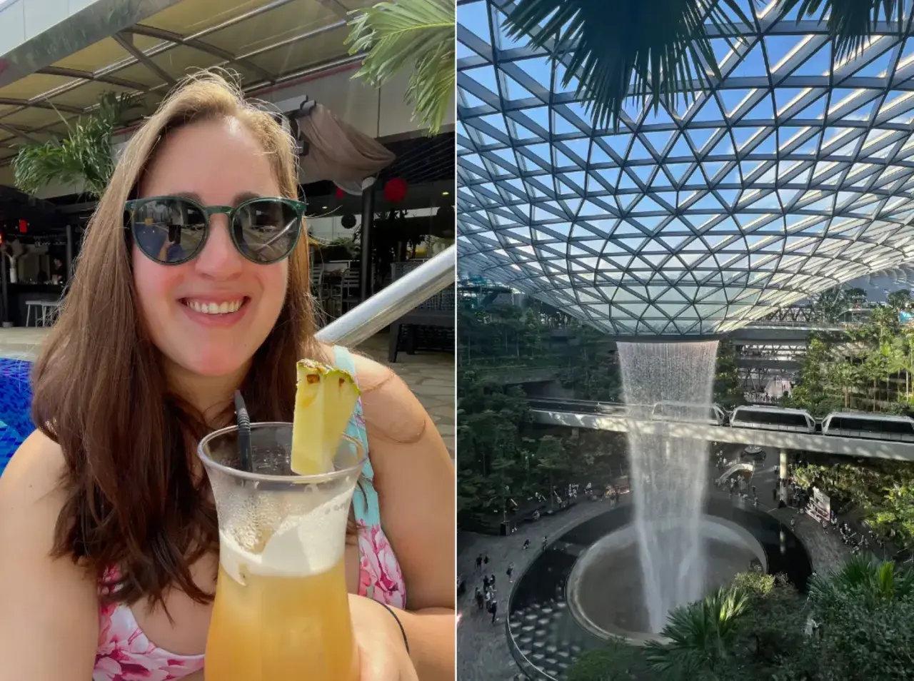 Frau mit Drink am singapur flughafen pool, daneben der beeindruckende Wasserfall im Jewel.