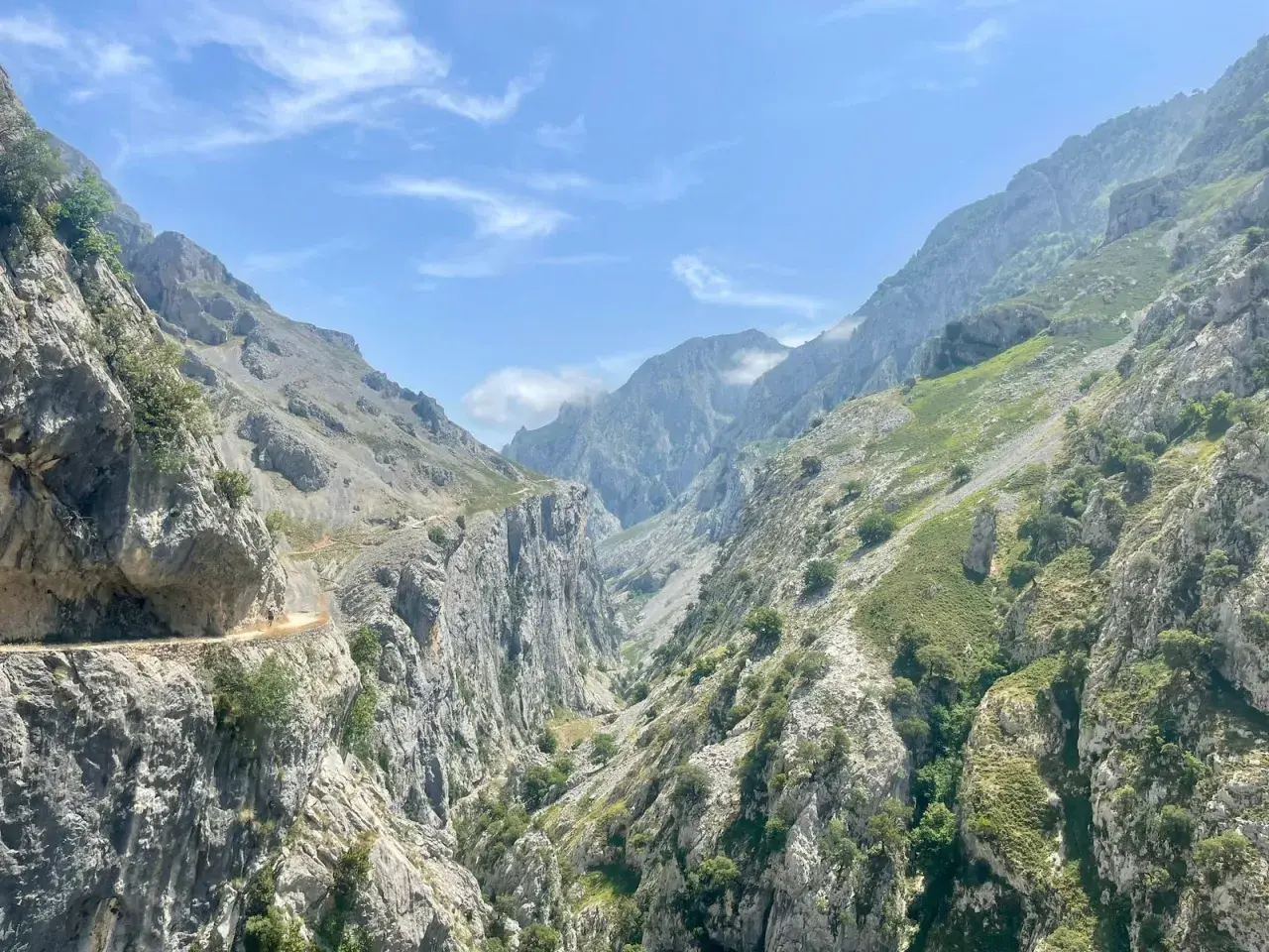 Un senderista recorre la **ruta del Cares**, un camino tallado en la roca entre imponentes montañas verdes y grises bajo un cielo azul con nubes.