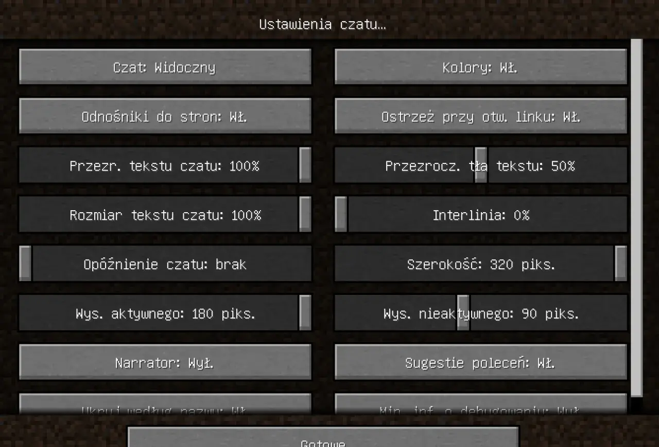 Ustawienia czatu w Minecraft. Aby wyłączyć narratora, znajdź opcję "Narrator: Wył." i kliknij ją.