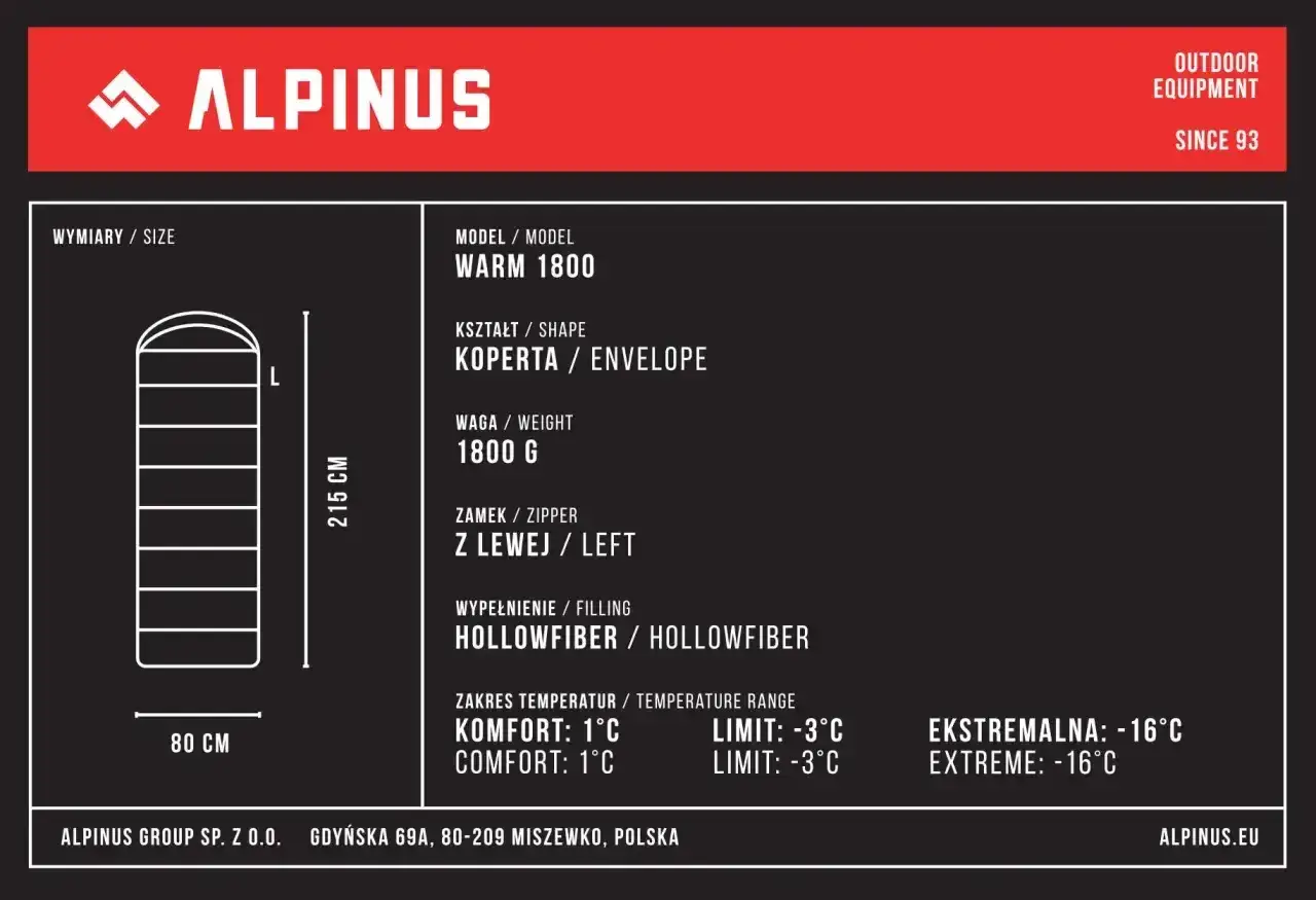 Śpiwór Alpinus Warm 1800, kształt koperty, waga 1800g. Zakres temperatur komfortu: 1°C. Idealny na chłodne noce.