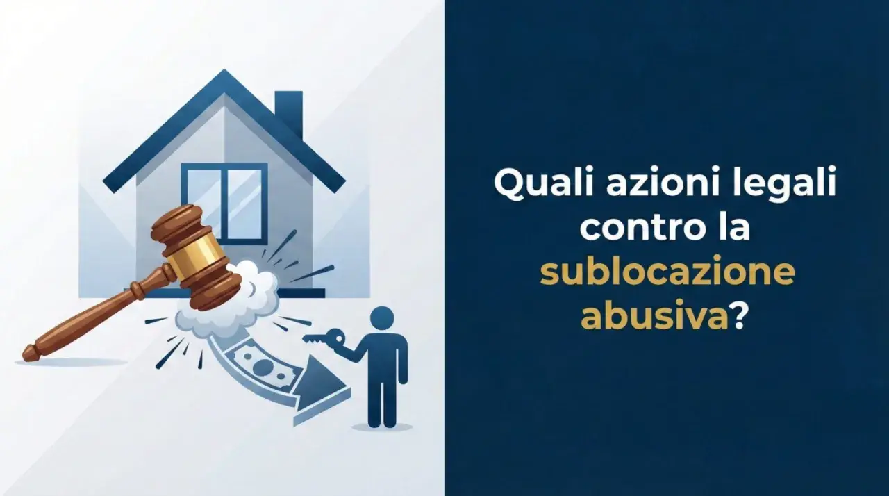 Martelletto del giudice colpisce denaro e chiave, con casa sullo sfondo. Il testo chiede: "Quali azioni legali contro la sublocazione abusiva?".