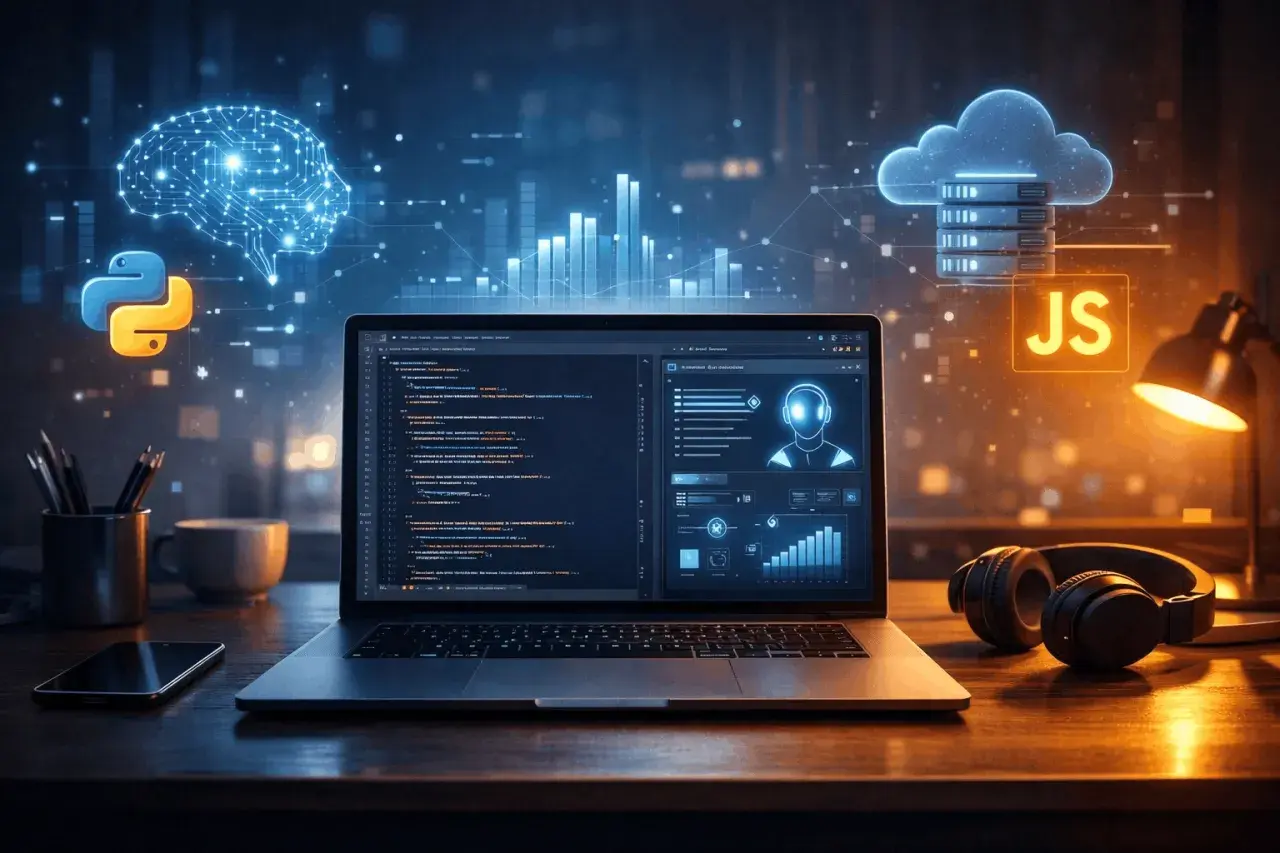 Programista analizuje wymagania, widząc kod, mózg AI, chmurę i ikony Python i JS.