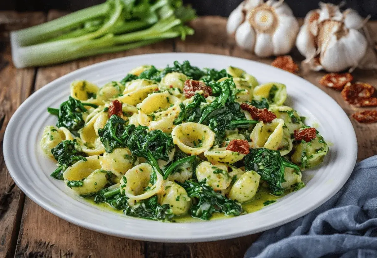 Orecchiette con cime di rapa, un clásico italiano lleno de sabor. La pasta se mezcla con las hojas verdes y trozos de tomate seco.