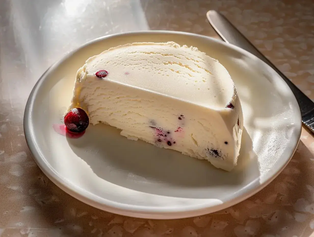En bit krämig semifreddo med bär på en vit tallrik, redo att avnjutas. Ett perfekt semifreddo recept.