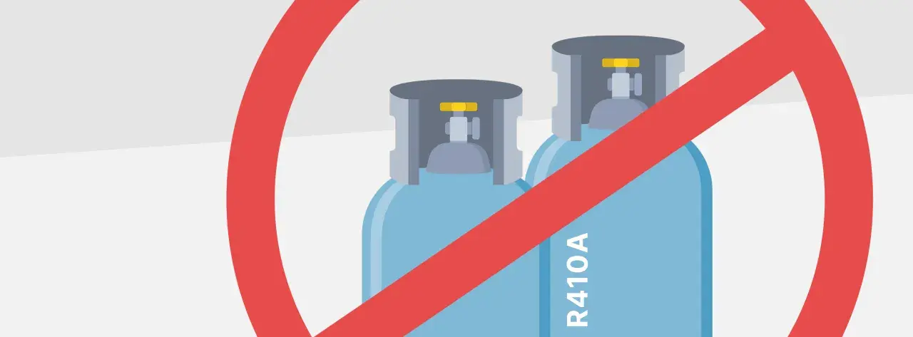 Verbotsschild über zwei blauen Gasflaschen mit der Aufschrift "R410A".