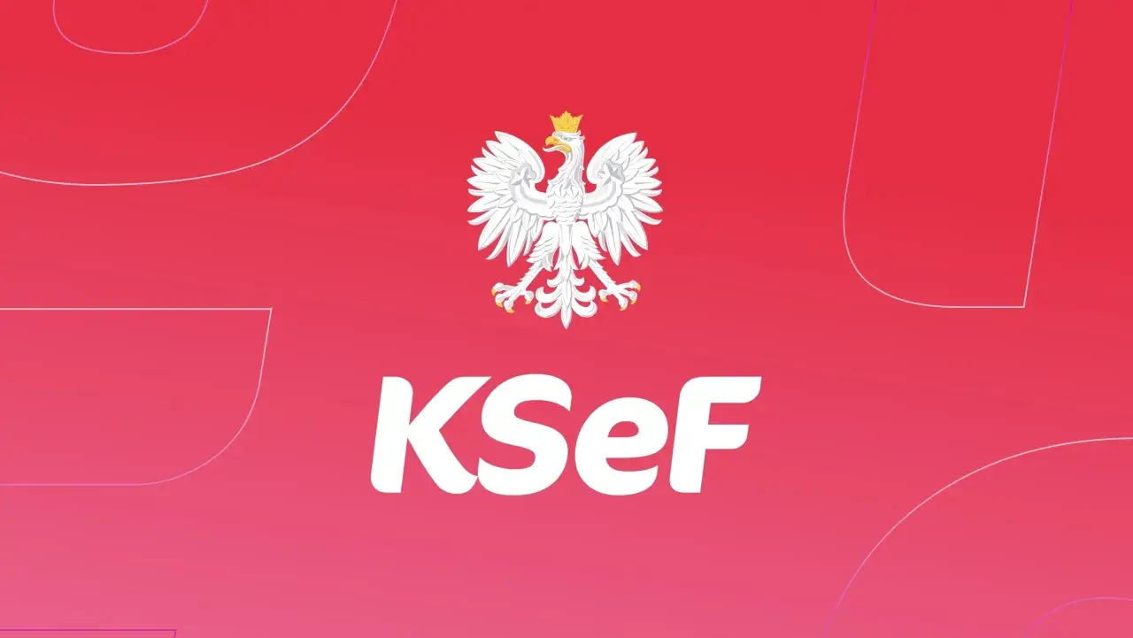 Biały orzeł i napis KSeF na różowym tle. System KSeF dla kogo? Dla wszystkich firm w Polsce.