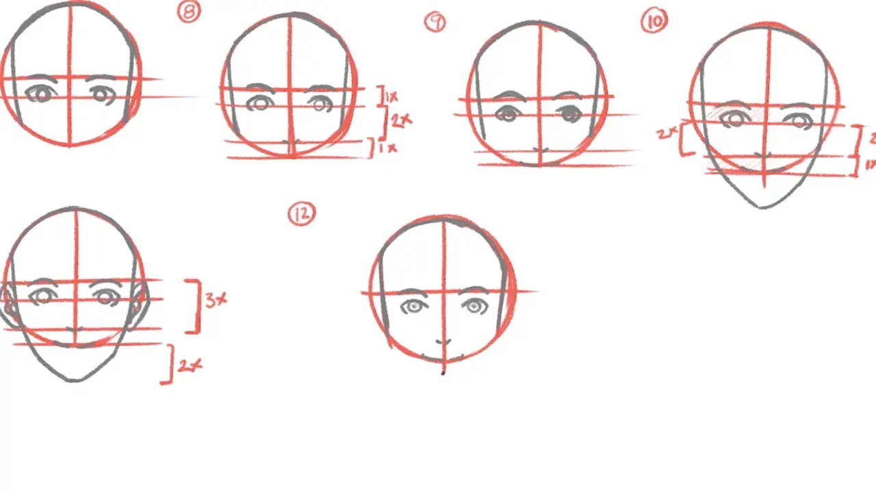 Bocetos de rostros con guías de dibujo y anotaciones de proporciones.